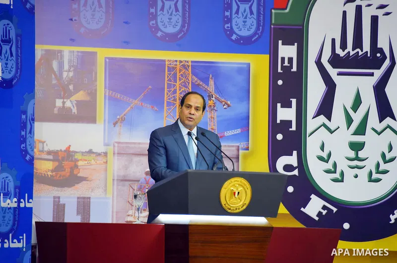 Egyptian President Abdel Fattah al-Sisi speaks during a ceremony to mark International Workers' Day or "Labour Day" in Cairo, Egypt, on April 28, 2016. Photo by Egyptian President Office
