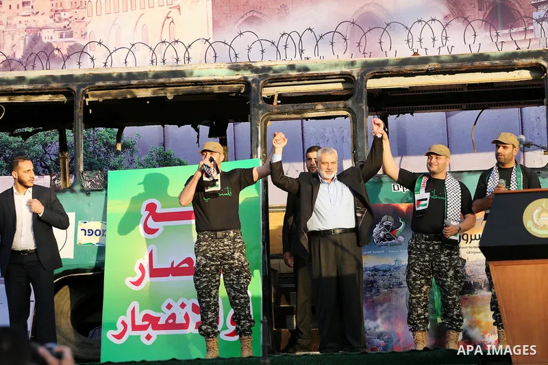 The head of the Islamist Palestinian movement Hamas, Ismail Haniya, attends an anti-Israel rally in Gaza City on April 28, 2016. Photo by Mohammed Asad
