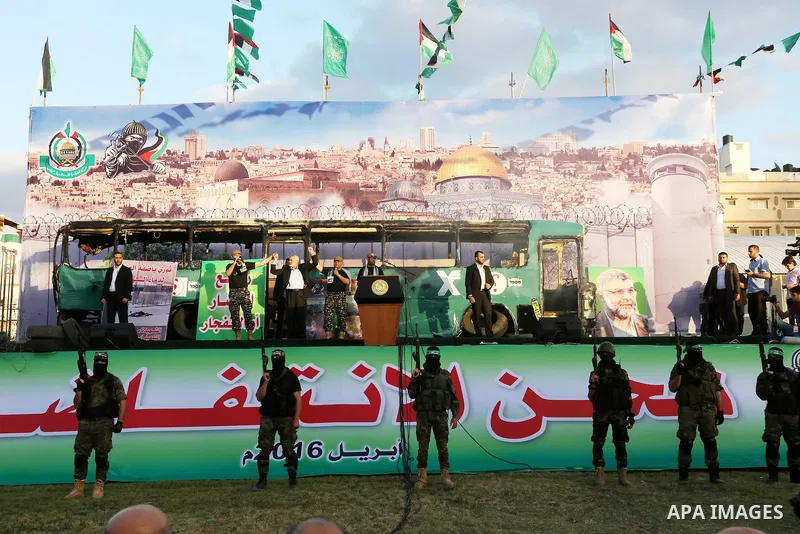 The head of the Islamist Palestinian movement Hamas, Ismail Haniya, attends an anti-Israel rally in Gaza City on April 28, 2016. Photo by Mohammed Asad