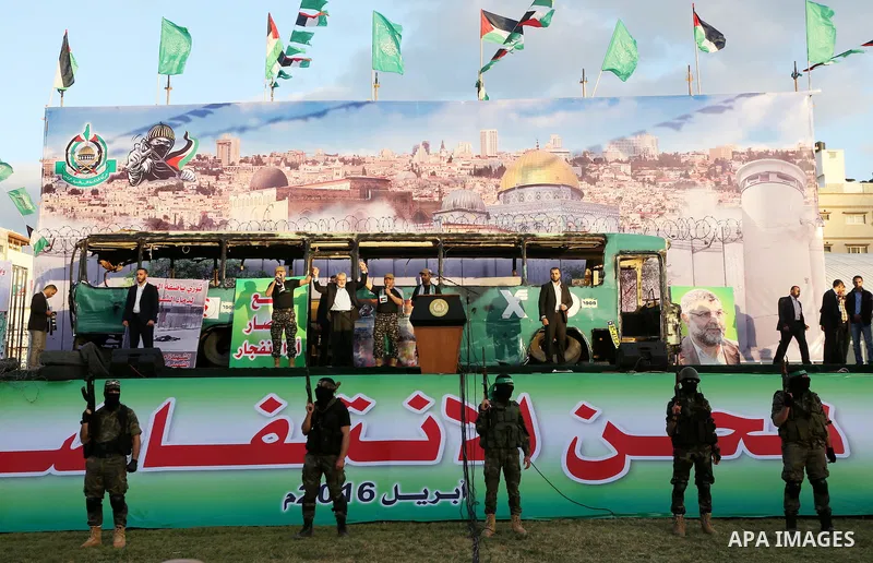 The head of the Islamist Palestinian movement Hamas, Ismail Haniya, attends an anti-Israel rally in Gaza City on April 28, 2016. Photo by Mohammed Asad