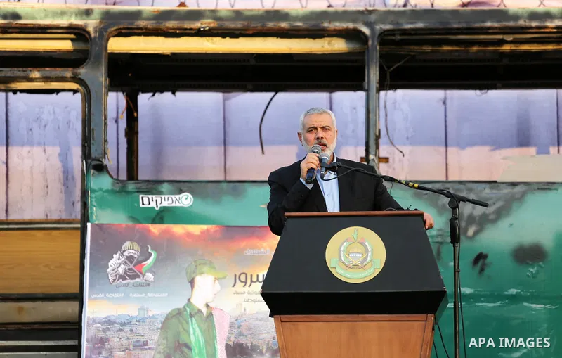 The head of the Islamist Palestinian movement Hamas, Ismail Haniya speaks during an anti-Israel rally in Gaza City on April 28, 2016. Photo by Mohammed Asad