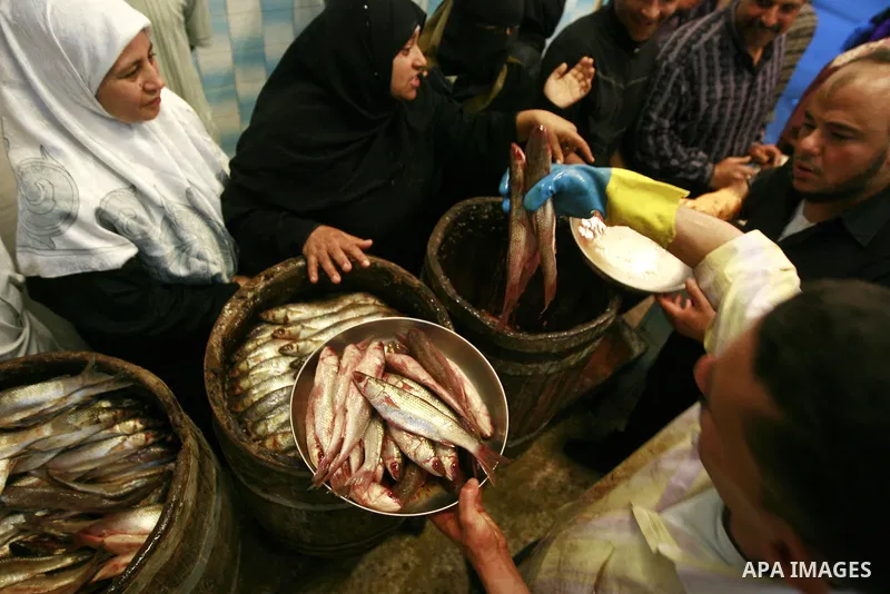 Egyptians buy the Herring or, salted fish during preparation for the upcoming the Sham El Nessim, or the Festival of Spring Breeze, which marks the beginning of spring, in Cair, on April 30, 2016. Photo by Amr Sayed