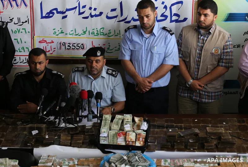 A spokesman for the Palestinian policemen, Ayman Batneeji speaks during a press conference drug damage in Gaza City on on May 2, 2016. Destroying the collected drugs was part of a new campaign by Hamas-run police to comb...