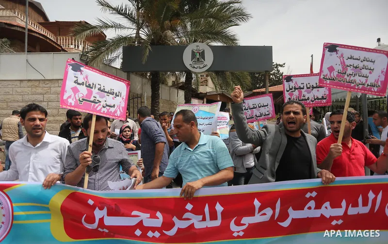 Palestinian graduates hold banners during a protest to demand jobs, in front of the Council of Ministers, in Gaza City, on May 3, 2016. Photo by Mohammed Asad