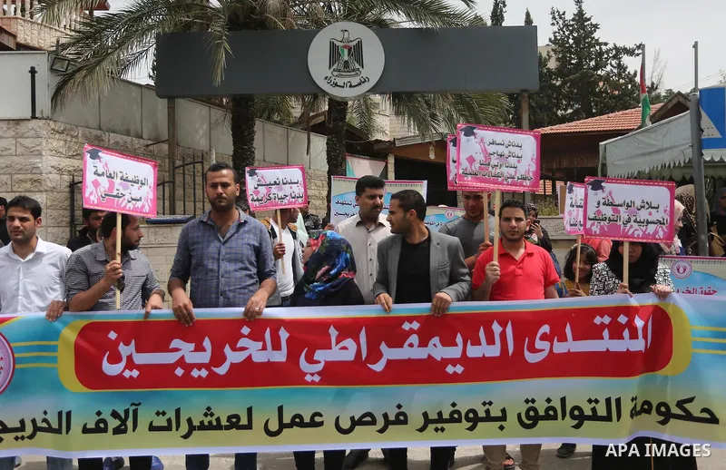 Palestinian graduates hold banners during a protest to demand jobs, in front of the Council of Ministers, in Gaza City, on May 3, 2016. Photo by Mohammed Asad