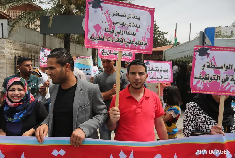 Palestinian graduates hold banners during a protest to demand jobs, in front of the Council of Ministers, in Gaza City, on May 3, 2016. Photo by Mohammed Asad