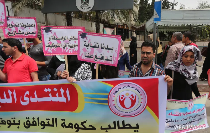 Palestinian graduates hold banners during a protest to demand jobs, in front of the Council of Ministers, in Gaza City, on May 3, 2016. Photo by Mohammed Asad