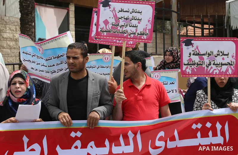 Palestinian graduates hold banners during a protest to demand jobs, in front of the Council of Ministers, in Gaza City, on May 3, 2016. Photo by Mohammed Asad