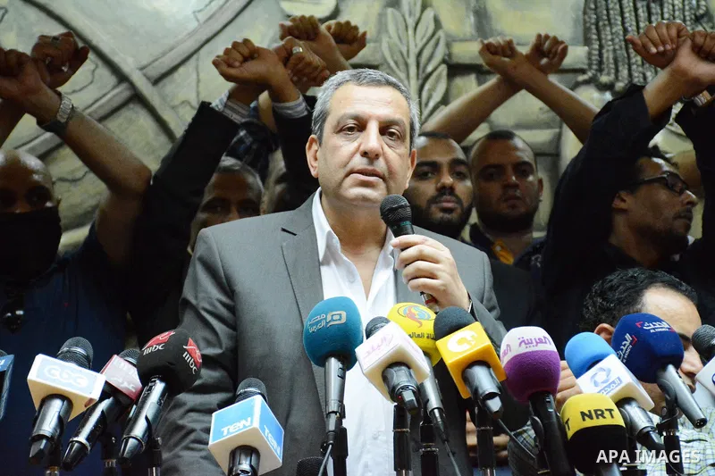 Egyptian Press Syndicate Chief Yahya Qalash reads a statement at the headquarters in the capital Cairo on May 3, 2016 on the occasion of World Press Freedom day, a day after police stormed the headquarters of the journal...