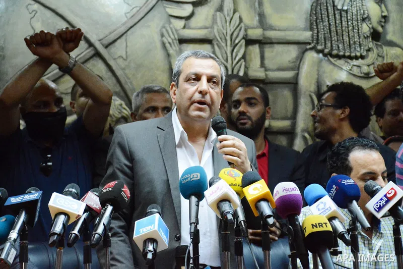 Egyptian Press Syndicate Chief Yahya Qalash reads a statement at the headquarters in the capital Cairo on May 3, 2016 on the occasion of World Press Freedom day, a day after police stormed the headquarters of the journal...