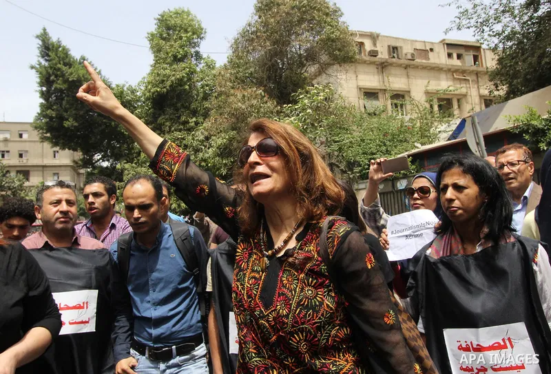 Egyptian Journalists take part during a protest against the arrests of fellow journalists in the capital Cairo on May 4, 2016. Photo by Amr Sayed