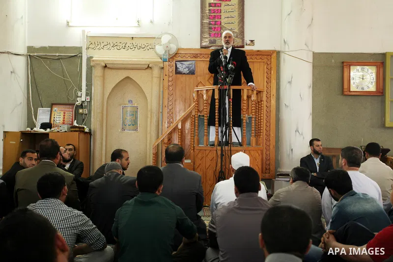 Palestinian Islamist movement Hamas' chief, Ismail Haniya gives a speech at a mosque during the Friday prayer on May 6, 2016 in Deir al-Balah, in the center of the Gaza Strip. Photo by Ashraf Amra