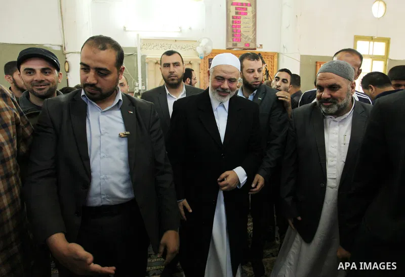 Palestinian Islamist movement Hamas' chief, Ismail Haniya attends the Friday prayer at a mosque on May 6, 2016 in Deir al-Balah, in the center of the Gaza Strip. Photo by Ashraf Amra