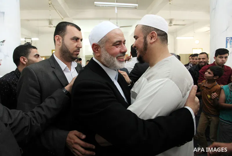 Palestinian Islamist movement Hamas' chief, Ismail Haniya attends the Friday prayer at a mosque on May 6, 2016 in Deir al-Balah, in the center of the Gaza Strip. Photo by Ashraf Amra