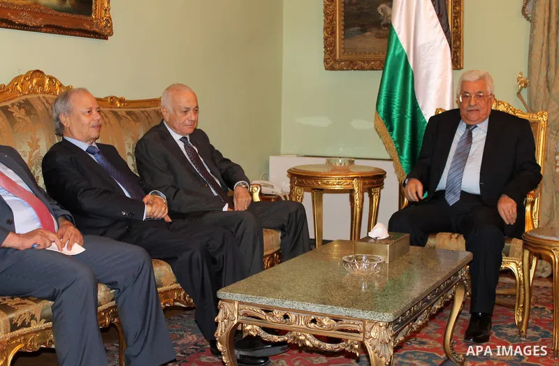 Arab League Secretary General Nabil al-Arabi meets with Palestinian President Mahmoud Abbas, in cairo, on May 8, 2016. Photo by Stringer