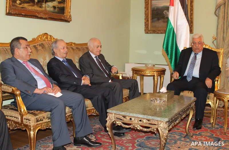 Arab League Secretary General Nabil al-Arabi meets with Palestinian President Mahmoud Abbas, in cairo, on May 8, 2016. Photo by Stringer