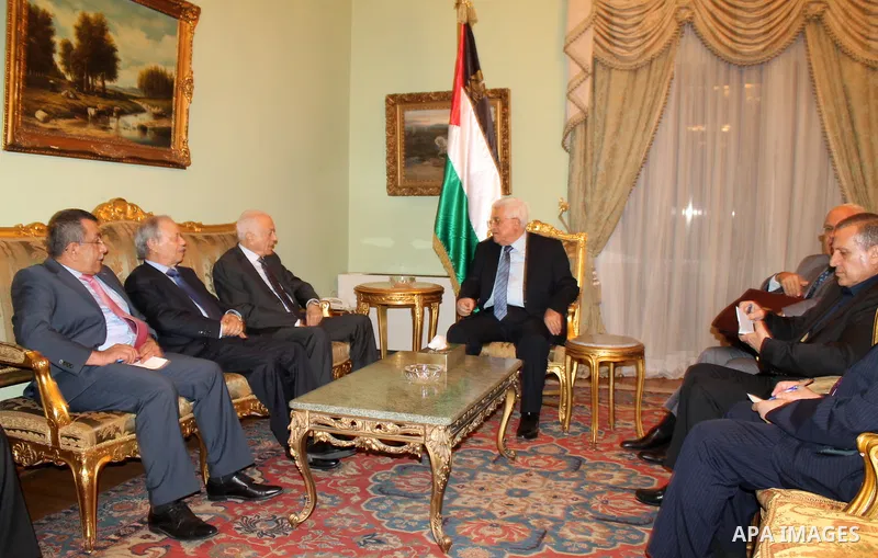 Arab League Secretary General Nabil al-Arabi meets with Palestinian President Mahmoud Abbas, in cairo, on May 8, 2016. Photo by Stringer