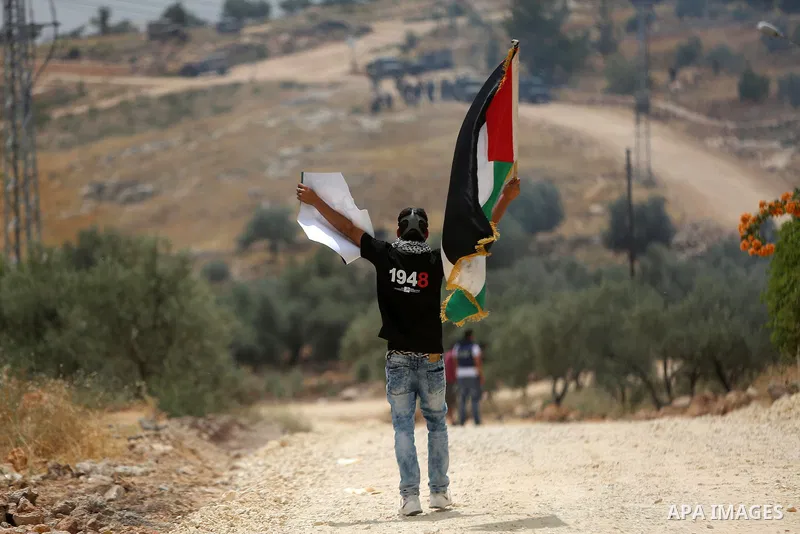 A Palestinian protester holds a Palestinian flag during clashes with Israeli troops at a protest ahead of Nakba day, in the West Bank village of Bilin near Ramallah May 13, 2016. Photo by Shadi Hatem