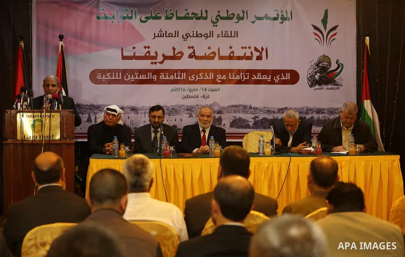 Palestinian Leaders take part in a press conference, in Gaza city, on may 14, 2016. Photo by Mohammed Asad