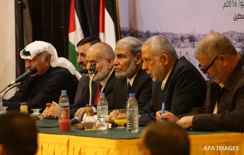 Palestinian Leaders take part in a press conference, in Gaza city, on may 14, 2016. Photo by Mohammed Asad
