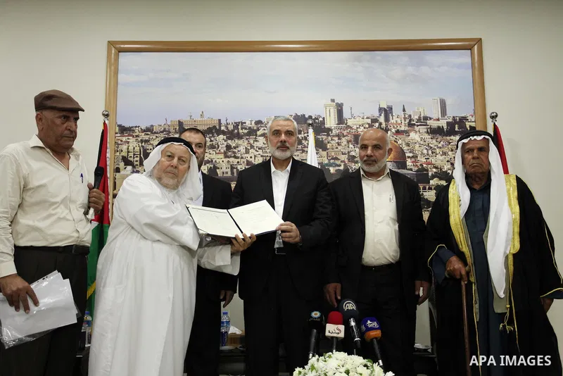 Senior Hamas leader Ismail Haniyeh, attends a meeting with Gaza Strip's notables in Gaza city, on May 17, 2016. Photo by Ashraf Amra