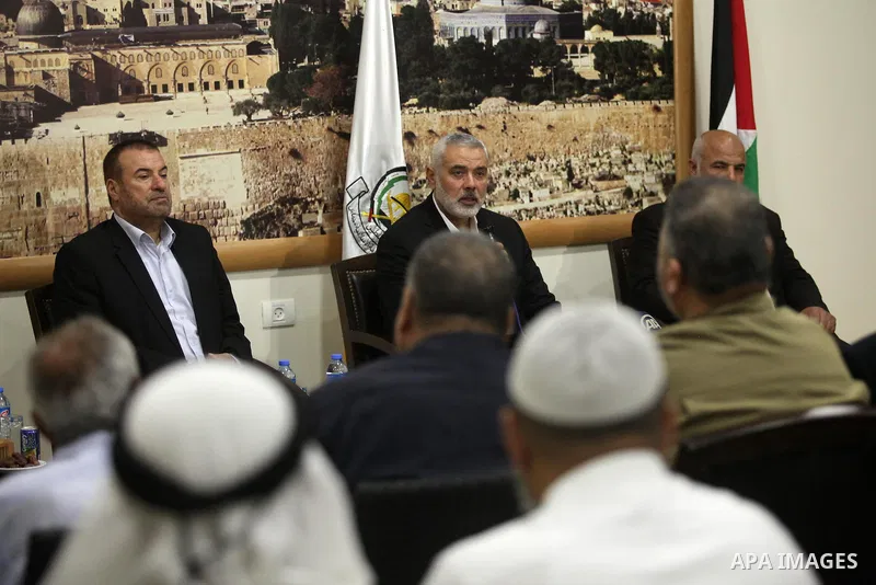 Senior Hamas leader Ismail Haniyeh, speaks during a meeting with Gaza Strip's notables in Gaza city, on May 17, 2016. Photo by Ashraf Amra