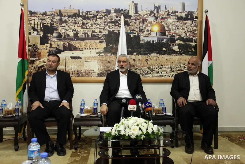Senior Hamas leader Ismail Haniyeh, attends a meeting with Gaza Strip's notables in Gaza city, on May 17, 2016. Photo by Ashraf Amra