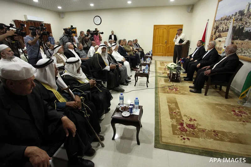 Senior Hamas leader Ismail Haniyeh, attends a meeting with Gaza Strip's notables in Gaza city, on May 17, 2016. Photo by Ashraf Amra