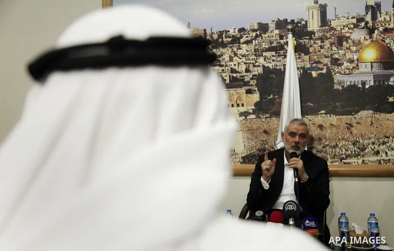 Senior Hamas leader Ismail Haniyeh, speaks during a meeting with Gaza Strip's notables in Gaza city, on May 17, 2016. Photo by Ashraf Amra