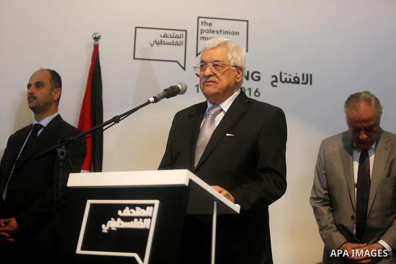 Palestinian President Mahmoud Abbas, speaks during the opening of the Palestinian Museum, in the West Bank town of Birzeit, on May 18, 2016. Photo by Shadi Hatem
