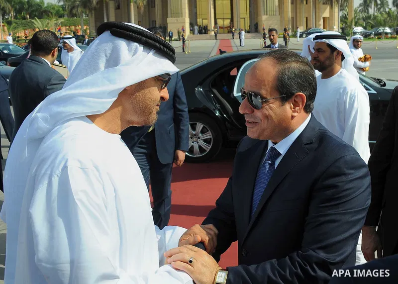 Egyptian President Abdel Fattah al-Sisi bids farewell to Highness the Crown Prince of Abu Dhabi, in Cairo airport, Egypt, on May 25, 2016. Photo by Egyptian President Office