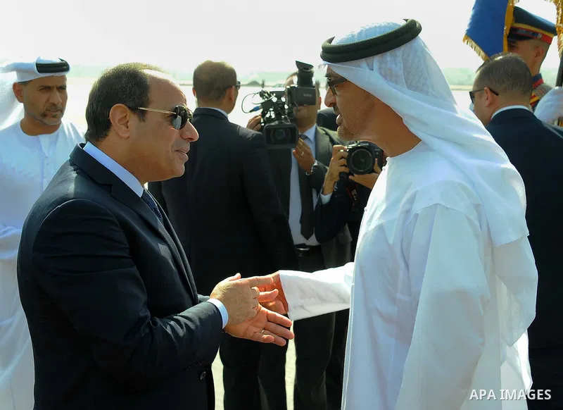 Egyptian President Abdel Fattah al-Sisi bids farewell to Highness the Crown Prince of Abu Dhabi, in Cairo airport, Egypt, on May 25, 2016. Photo by Egyptian President Office