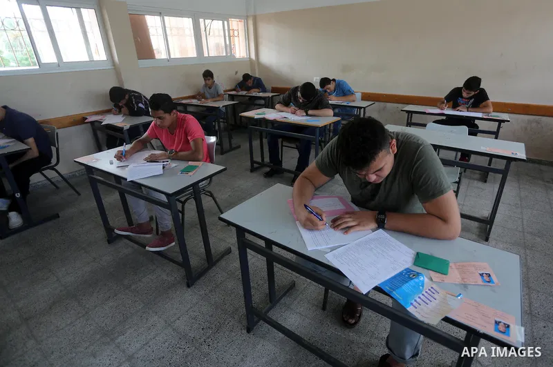 Palestinian students sit for their final high school exams, known as "Tawjihi", in Gaza city on May 28, 2016. Nearly 78,000 Palestinian students sat for the first session of their high school exams seeking to obtain the...