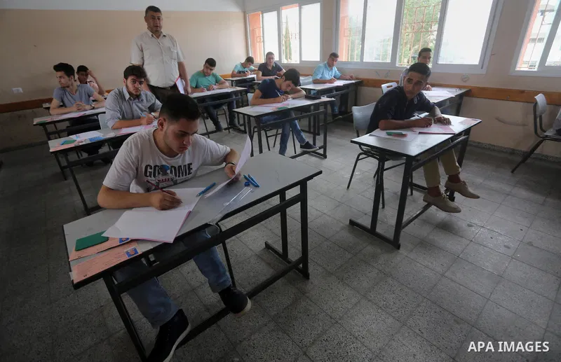 Palestinian students sit for their final high school exams, known as "Tawjihi", in Gaza city on May 28, 2016. Nearly 78,000 Palestinian students sat for the first session of their high school exams seeking to obtain the...