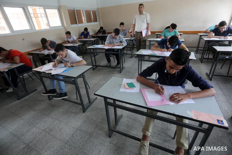 Palestinian students sit for their final high school exams, known as "Tawjihi", in Gaza city on May 28, 2016. Nearly 78,000 Palestinian students sat for the first session of their high school exams seeking to obtain the...