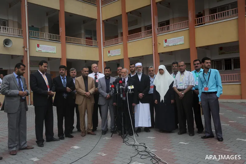 Deputy of the Legislative Council, Ahmed Bahar, speaks during a press conference during the first day of high school exams, known as "Tawjihi", in Gaza city on May 28, 2016. Nearly 78,000 Palestinian students sat for the...