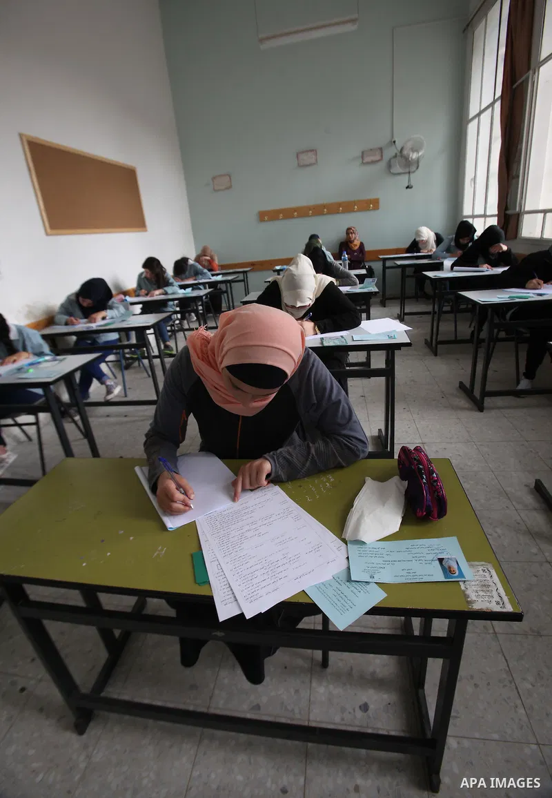 Palestinian students sit for their final high school exams, known as "Tawjihi", in the West bank city of Nablus on May 28, 2016. Nearly 78,000 Palestinian students sat for the first session of their high school exams see...