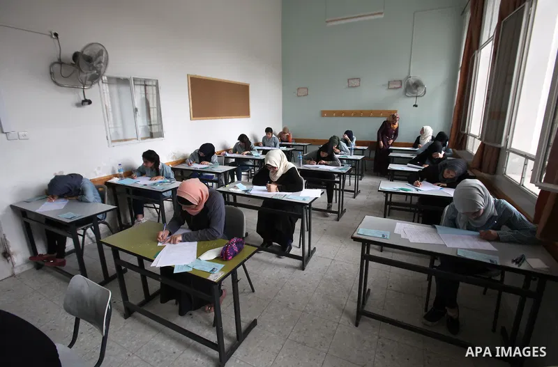 Palestinian students sit for their final high school exams, known as "Tawjihi", in the West bank city of Nablus on May 28, 2016. Nearly 78,000 Palestinian students sat for the first session of their high school exams see...