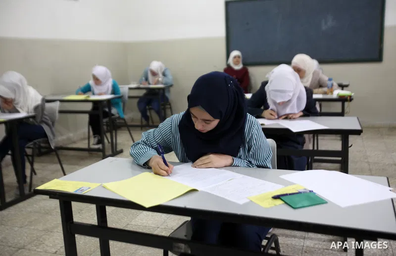 Palestinian students sit for their final high school exams, known as "Tawjihi", in the West bank city of Nablus on May 28, 2016. Nearly 78,000 Palestinian students sat for the first session of their high school exams see...