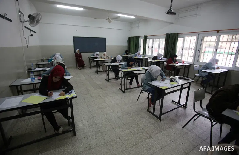 Palestinian students sit for their final high school exams, known as "Tawjihi", in the West bank city of Nablus on May 28, 2016. Nearly 78,000 Palestinian students sat for the first session of their high school exams see...