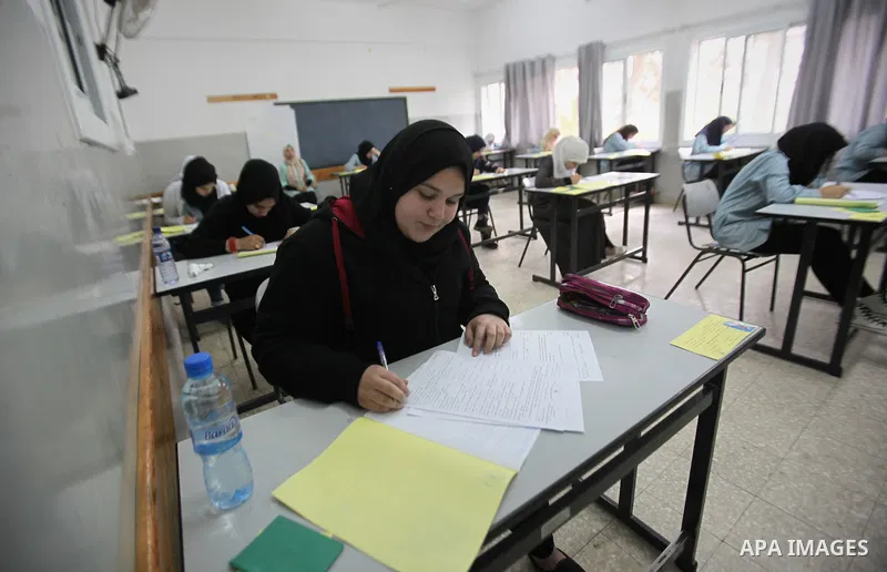 Palestinian students sit for their final high school exams, known as "Tawjihi", in the West bank city of Nablus on May 28, 2016. Nearly 78,000 Palestinian students sat for the first session of their high school exams see...