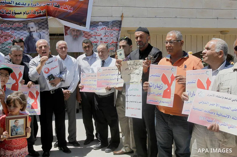 Palestinians take part in a protest to solidarity with the prisoners in Israeli jails, in front of Red cross office, in the West Bank city of Hebron, on May 30, 2016. Photo by Wisam Hashlamoun