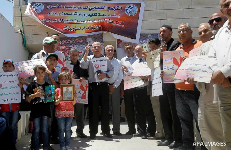 Palestinians take part in a protest to solidarity with the prisoners in Israeli jails, in front of Red cross office, in the West Bank city of Hebron, on May 30, 2016. Photo by Wisam Hashlamoun