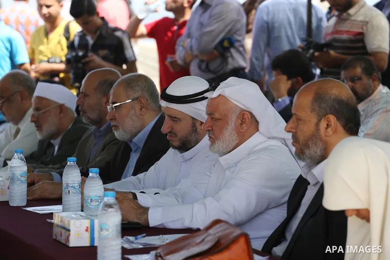 Members of the Palestinian legislative council from Hamas movement attend a meeting at the legislative council, at seaport of Gaza city, on 01 June 2016. Photo by Mohammed Asad