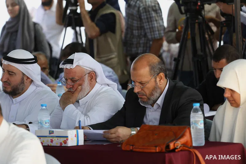 Members of the Palestinian legislative council from Hamas movement attend a meeting at the legislative council, at seaport of Gaza city, on 01 June 2016. Photo by Mohammed Asad