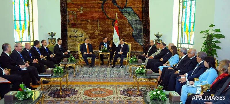 Egyptian President Abdel-Fattah al-Sisi meets with Hungarian Prime Minister Viktor Orban at the presidential palace in Cairo, Egypt, on June 1, 2016. Photo by Egyptian President Office