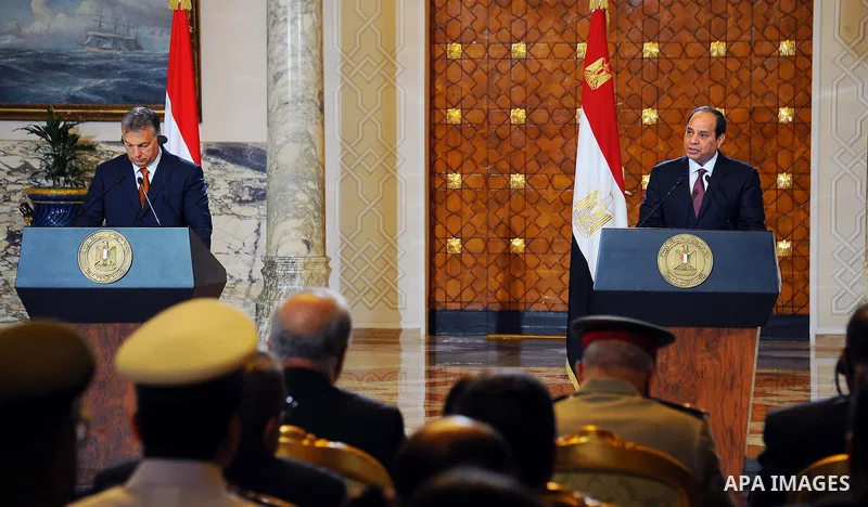 Egyptian President Abdel-Fattah al-Sisi speaks during a press conference with Hungarian Prime Minister Viktor Orban at the presidential palace in Cairo, Egypt, on June 1, 2016. Photo by Egyptian President Office