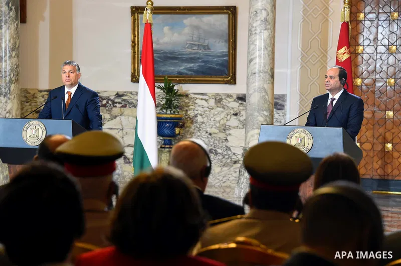 Hungarian Prime Minister Viktor Orban speaks during a press conference with Egyptian President Abdel-Fattah al-Sisi at the presidential palace in Cairo, Egypt, on June 1, 2016. Photo by Egyptian President Office