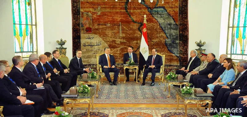 Egyptian President Abdel-Fattah al-Sisi meets with Hungarian Prime Minister Viktor Orban at the presidential palace in Cairo, Egypt, on June 1, 2016. Photo by Egyptian President Office