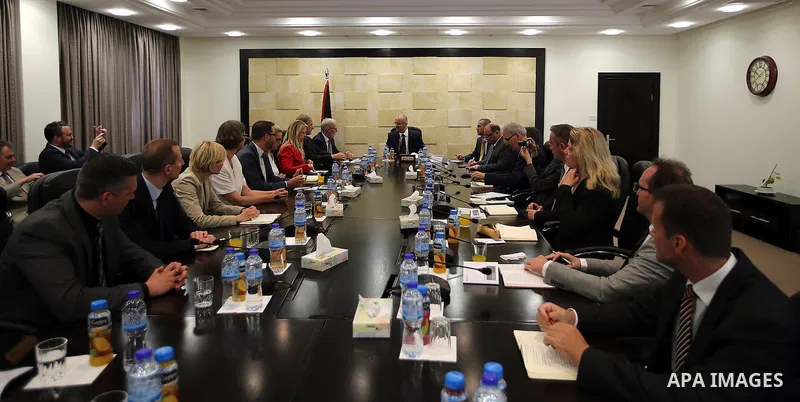 Palestinian Prime Minister Rami Hamdallah meets with a delegation from the Federal Academy for Security Policy in Germany , in the West Bank city of Ramallah, on June 2, 2016. Photo by Prime Minister Office